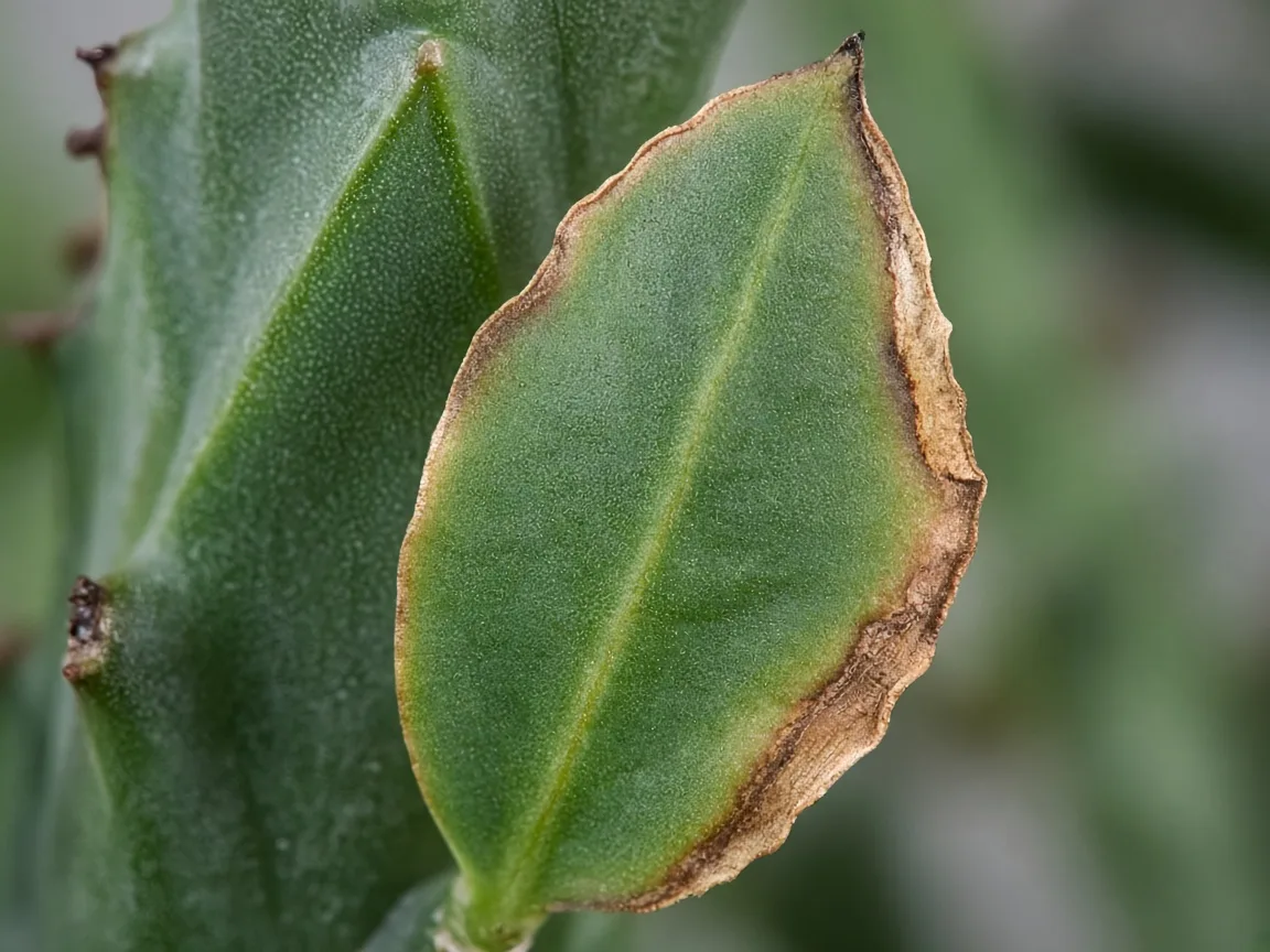 Close-up of potassium deficiency on African Milk Tree - scorched margin on teardrop ridge leaf