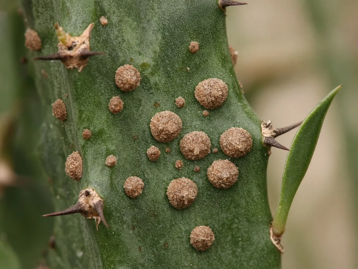 Close-up of tan scale insect bumps on an African Milk Tree triangular stem face