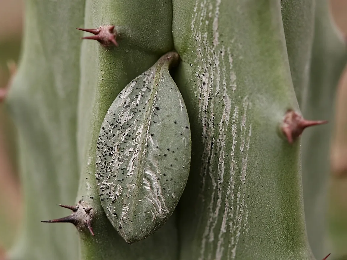 Close-up of thrips damage on African Milk Tree - silvery streaks and black frass on a teardrop ridge leaf in a stem groove