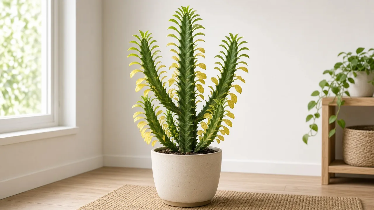 Yellow leaves on African Milk Tree - yellowing teardrop ridge leaves on lower column sections of Euphorbia trigona