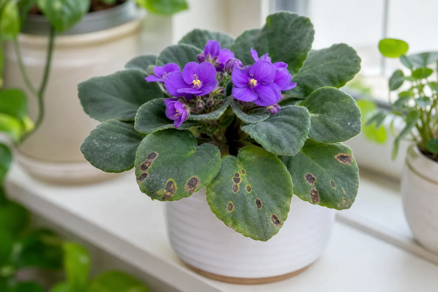 Black spots on African Violet - oval peanut-shaped lesions with pale outlines on velvety lower leaves