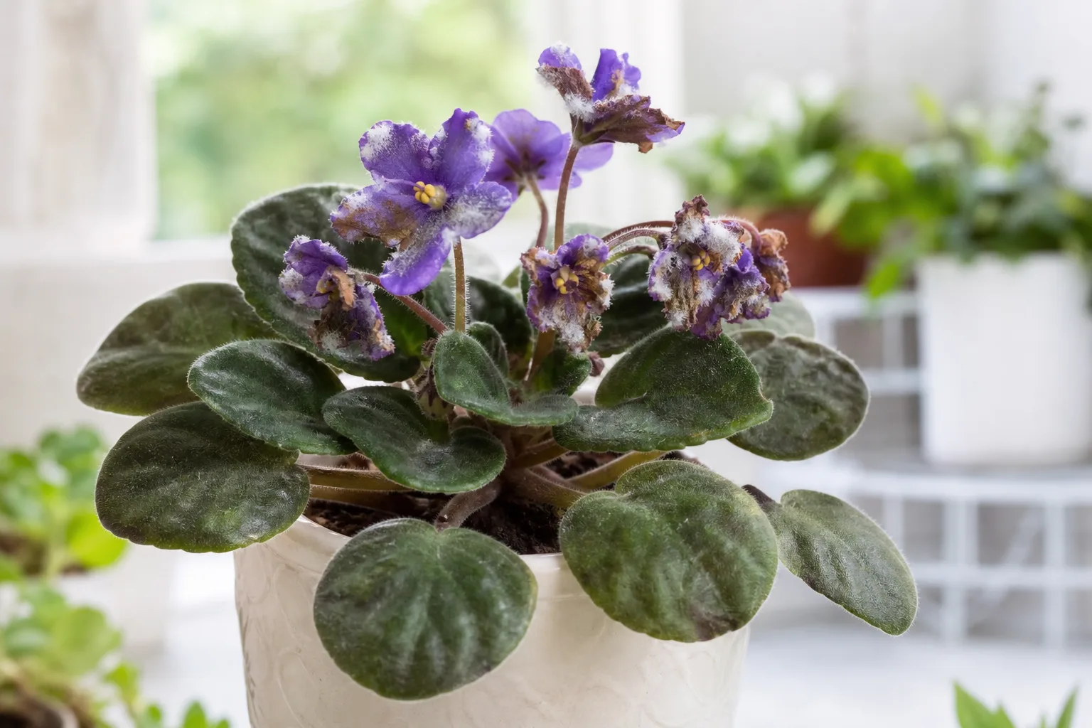 Blight on African violet - gray mold on fading flowers and water-soaked petiole spots in a fuzzy rosette