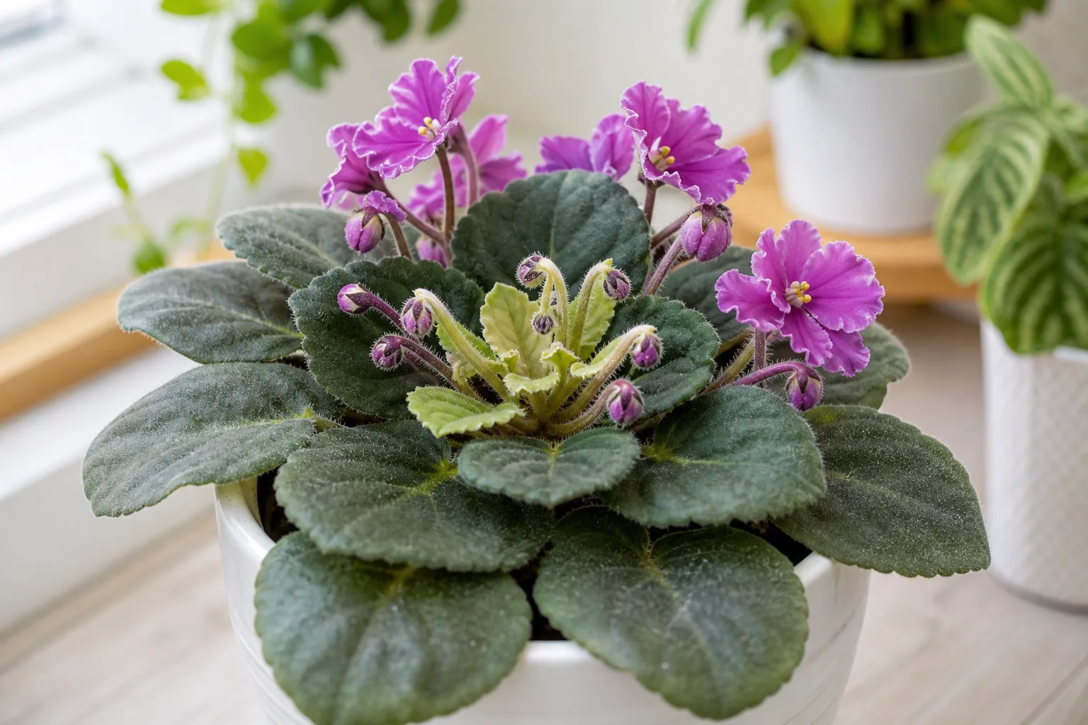 Calcium deficiency on African Violet - pale crown leaves with backward-hooking tips and closed buds on a velvety rosette