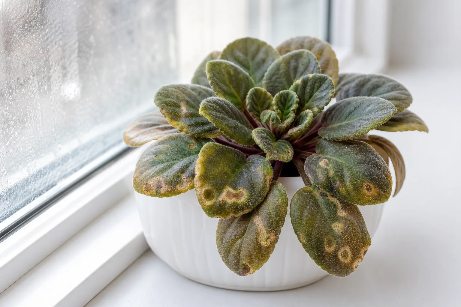 Cold damage on African Violet - pale ring spots on velvety leaves and curled outer foliage near a window