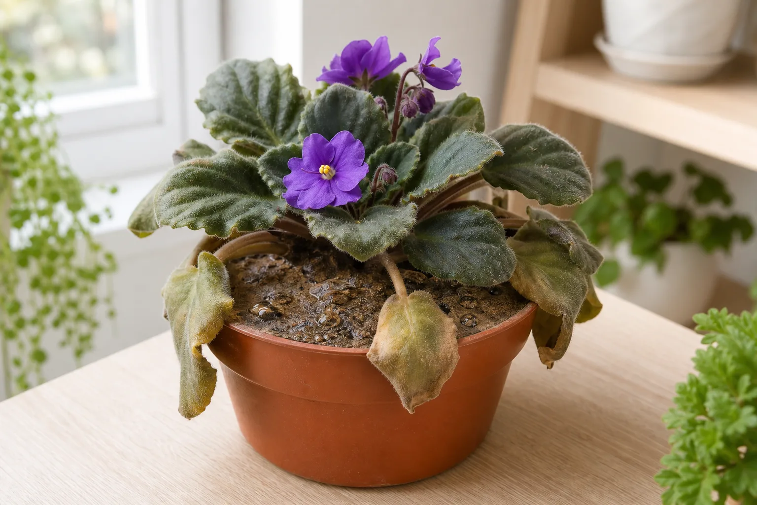 Compacted soil on African Violet - wilted lower leaves above crusty, water-repelling potting mix in a small pot