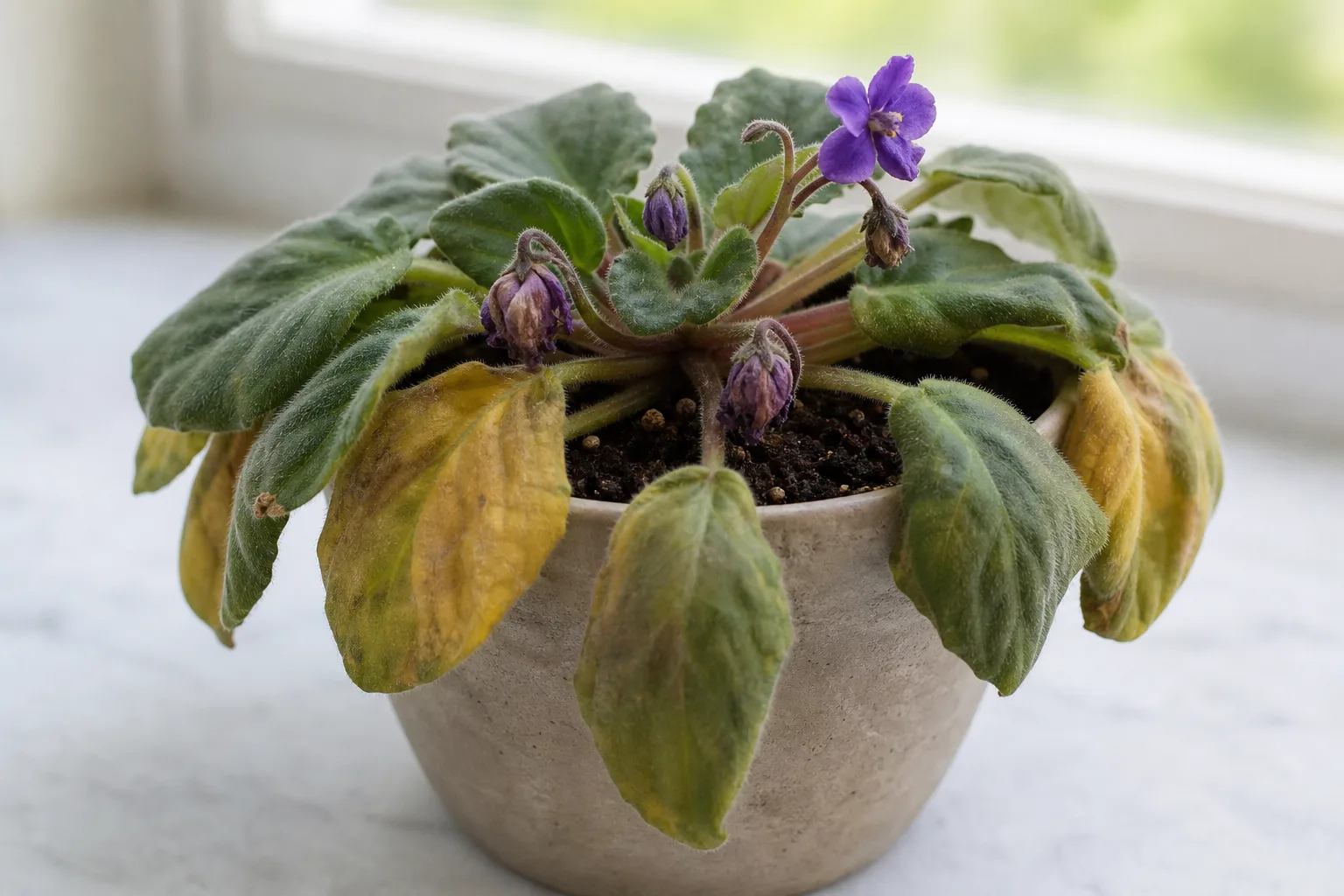 Damaged roots on African Violet - limp wilted leaves and yellow lower foliage in a heavy wet pot