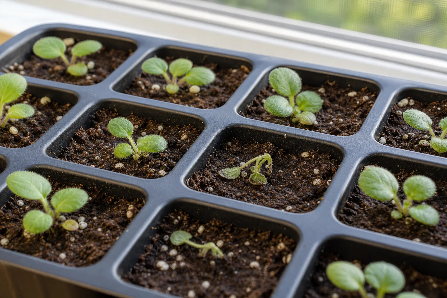 Damping off on African Violet seedlings - collapsed seedlings with pinched stems in a seed-starting tray