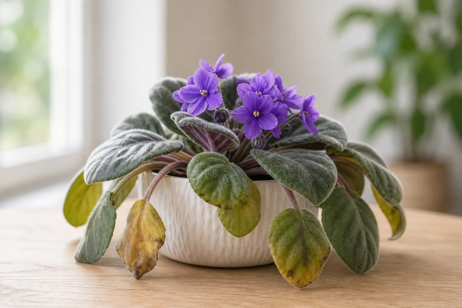 Drooping leaves on African Violet - flattened rosette with downward-angled petioles and sagging lower foliage