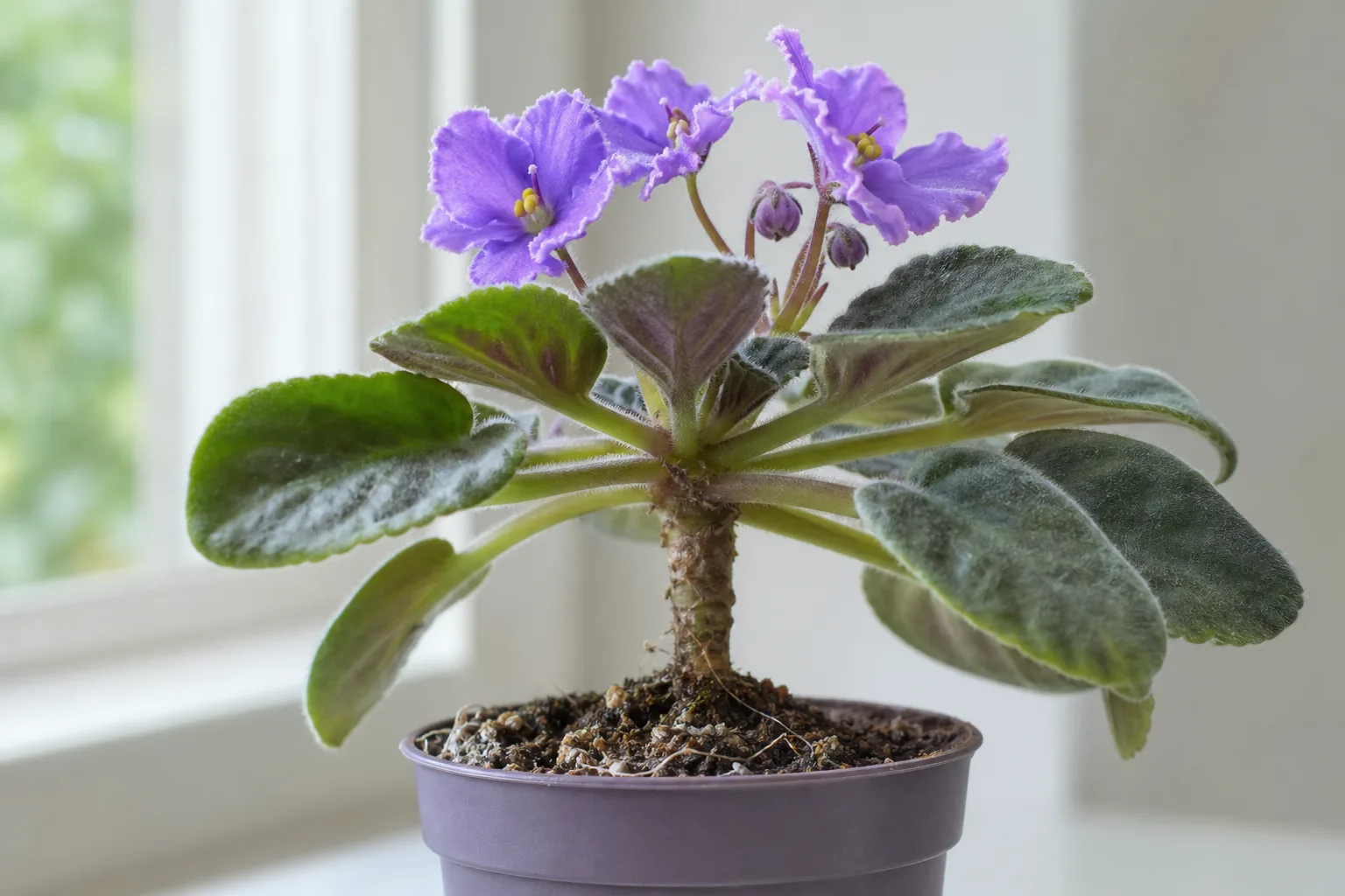 Exposed roots on African Violet - bare neck stem above soil with fine white surface roots at the pot rim