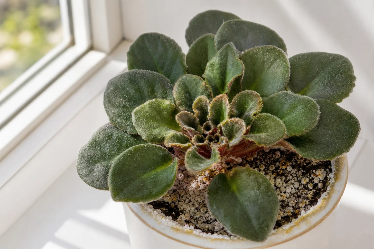 Fertilizer burn on African violet - white salt crust on pot rim and rusty browned center leaf bases