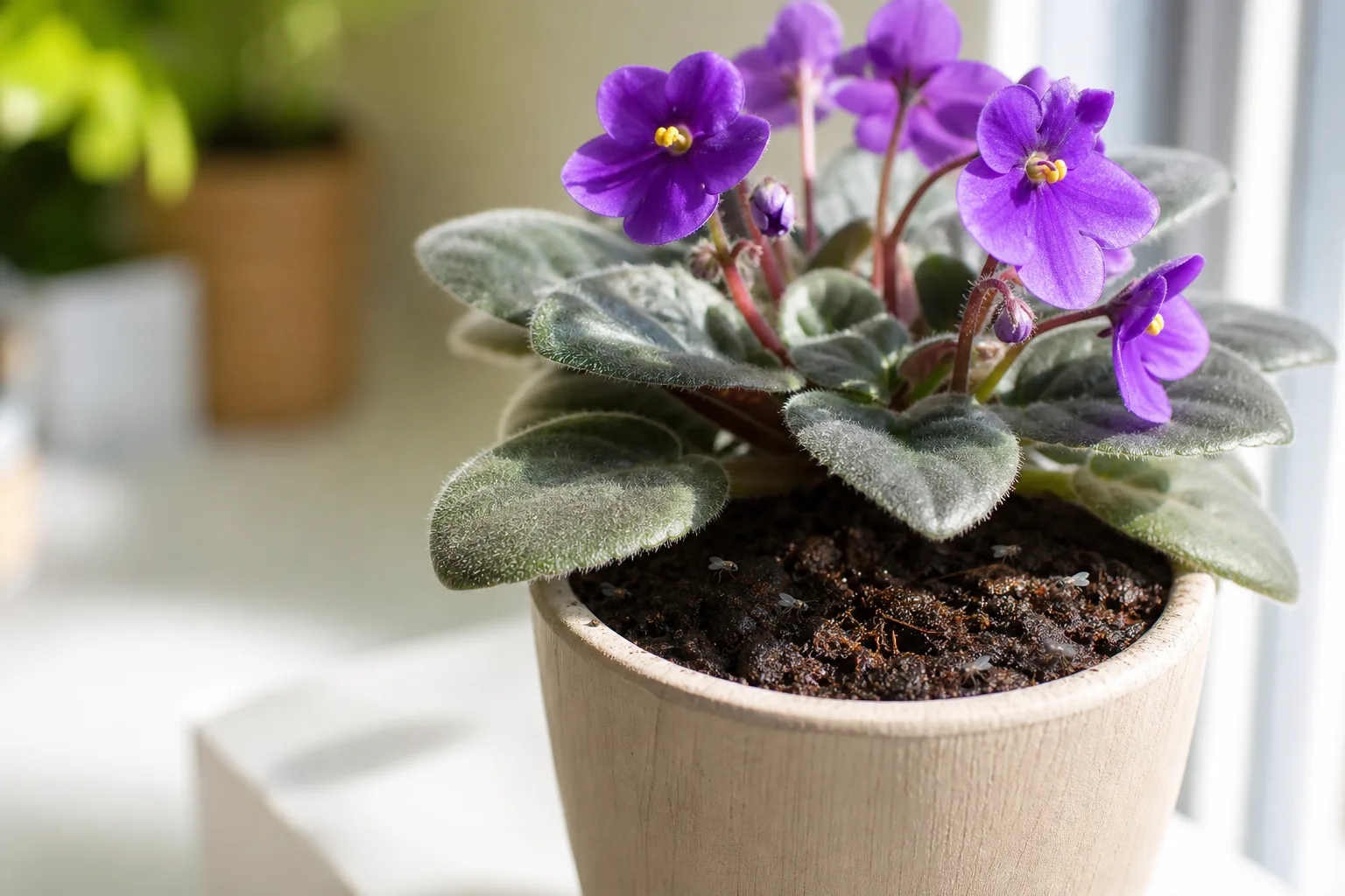 Fungus gnats on African violet - tiny dark flies on damp potting mix surface