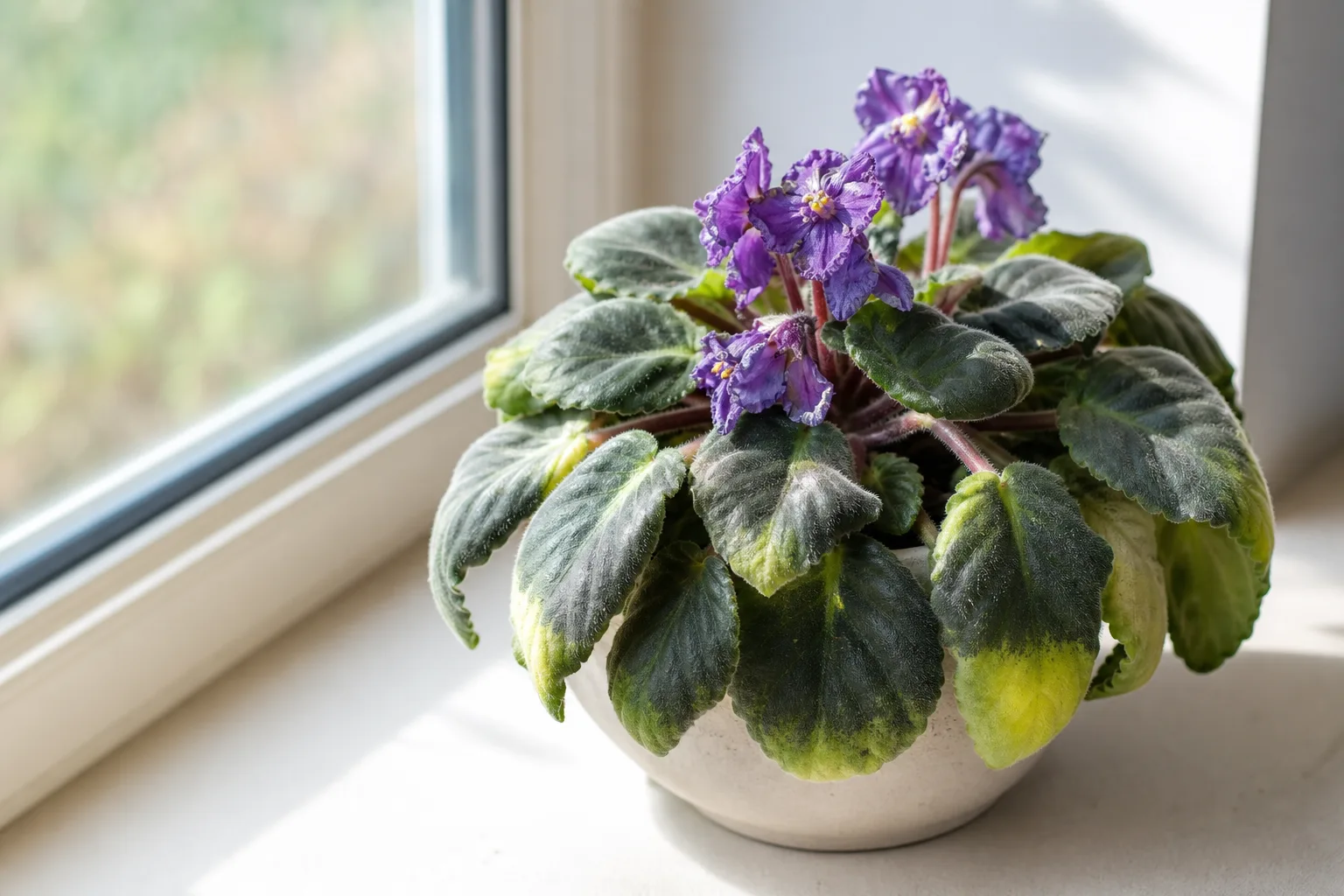 Heat stress on African violet - downward-cupped limp leaves and collapsed flowers in warm light