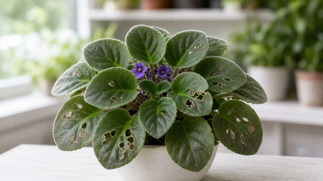 Holes in leaves on African violet - irregular chew marks on velvety rosette foliage