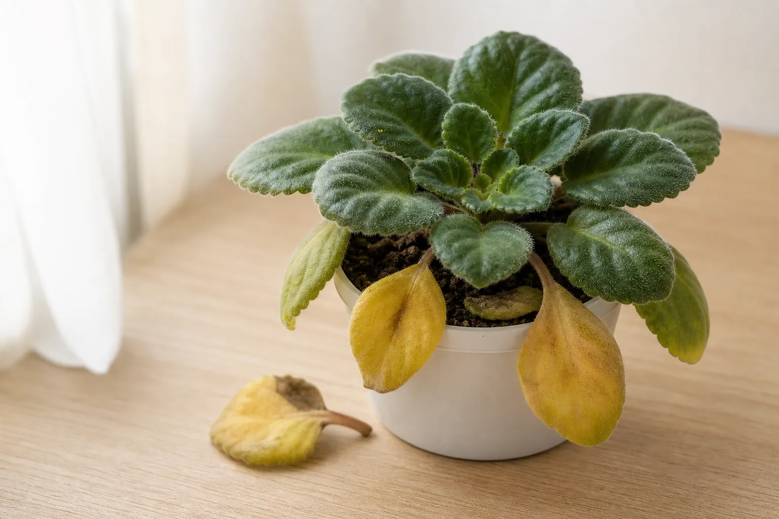 Leaf drop on African violet - yellowing limp lower leaves detaching from the rosette base