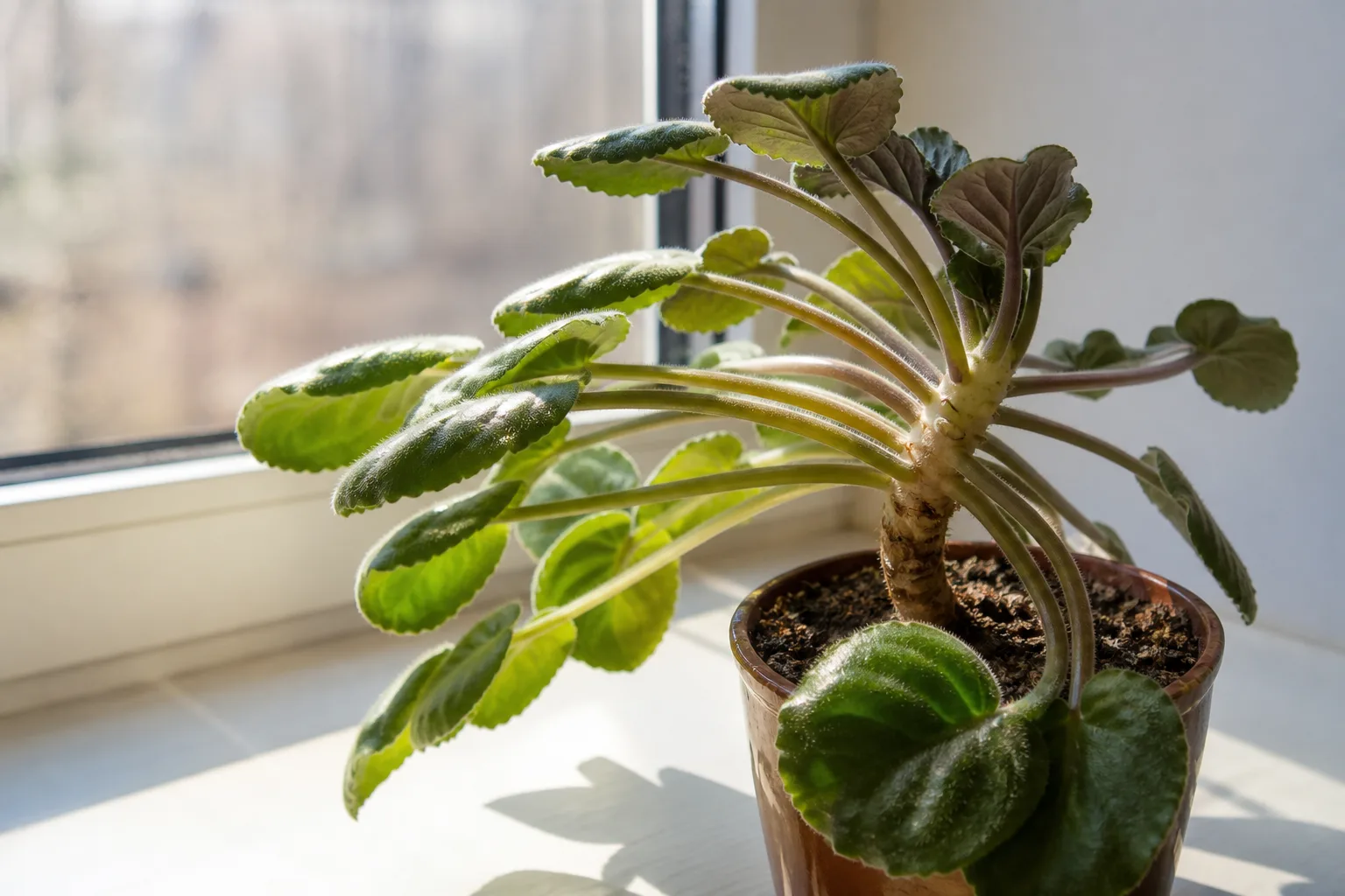Leggy growth on African violet - long petioles, bare neck, and rosette leaning toward light
