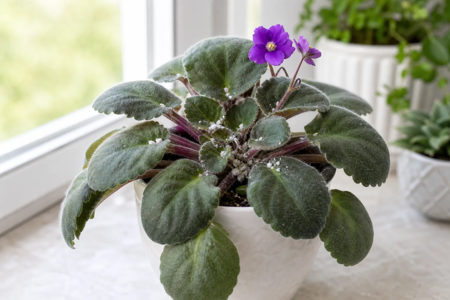 Mealybugs on African Violet - white cottony clusters in the crown center and leaf axils