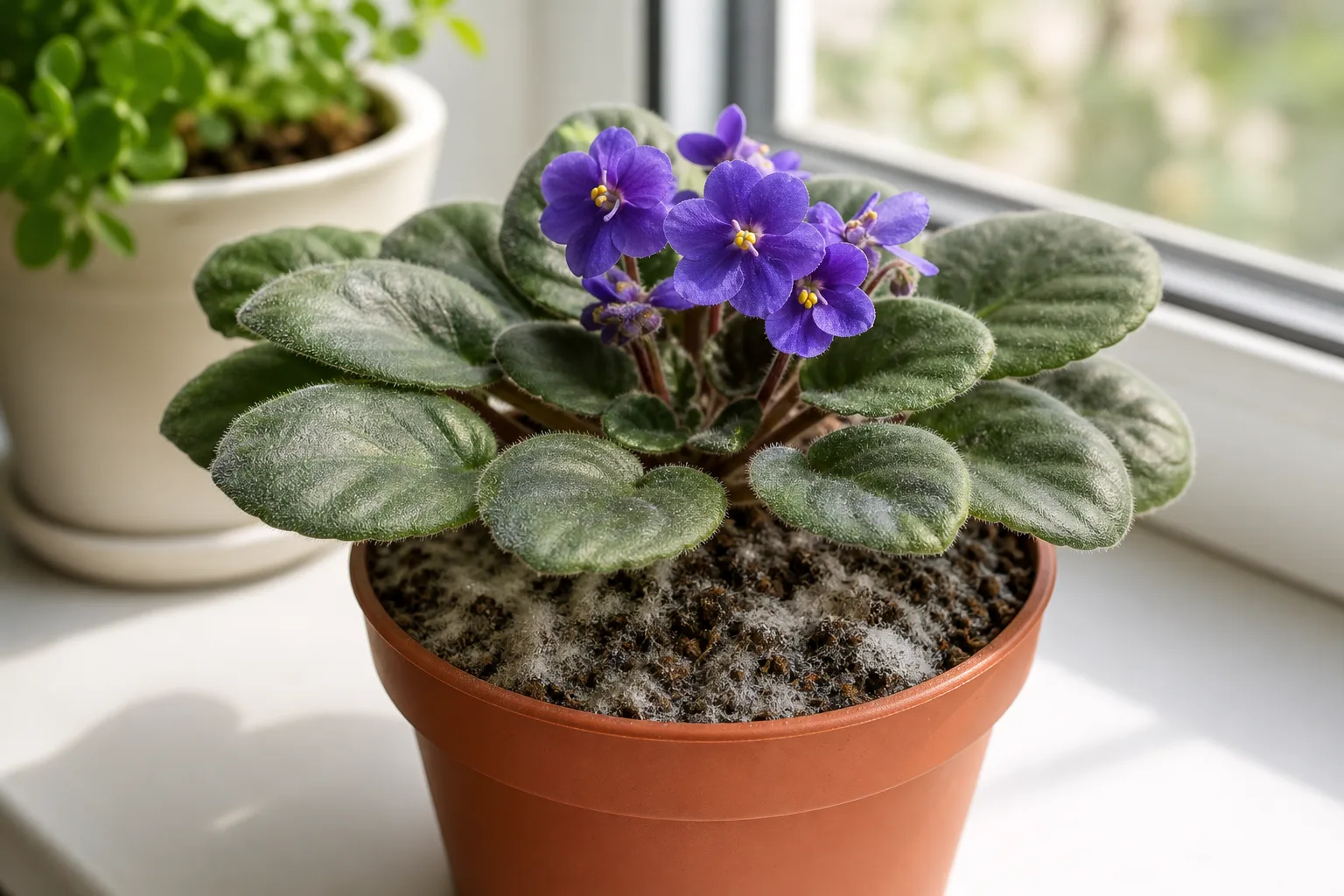 Mold on soil on African Violet - white fuzzy film across the peat potting mix surface