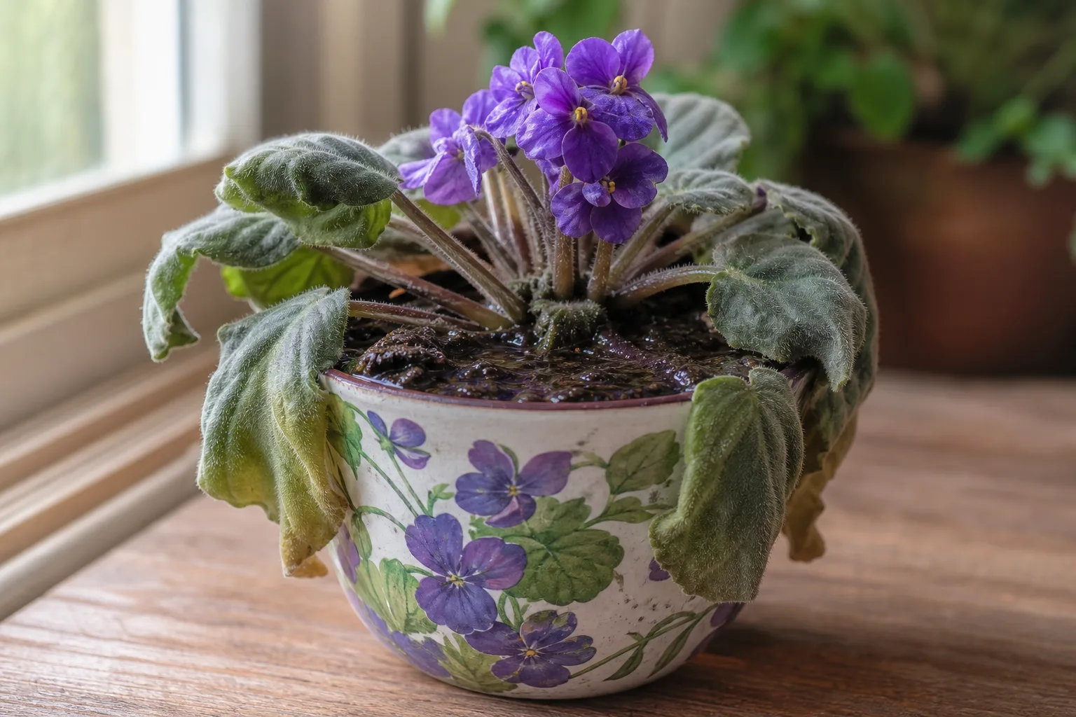 No Drainage Hole on African Violet - visible symptom on the plant