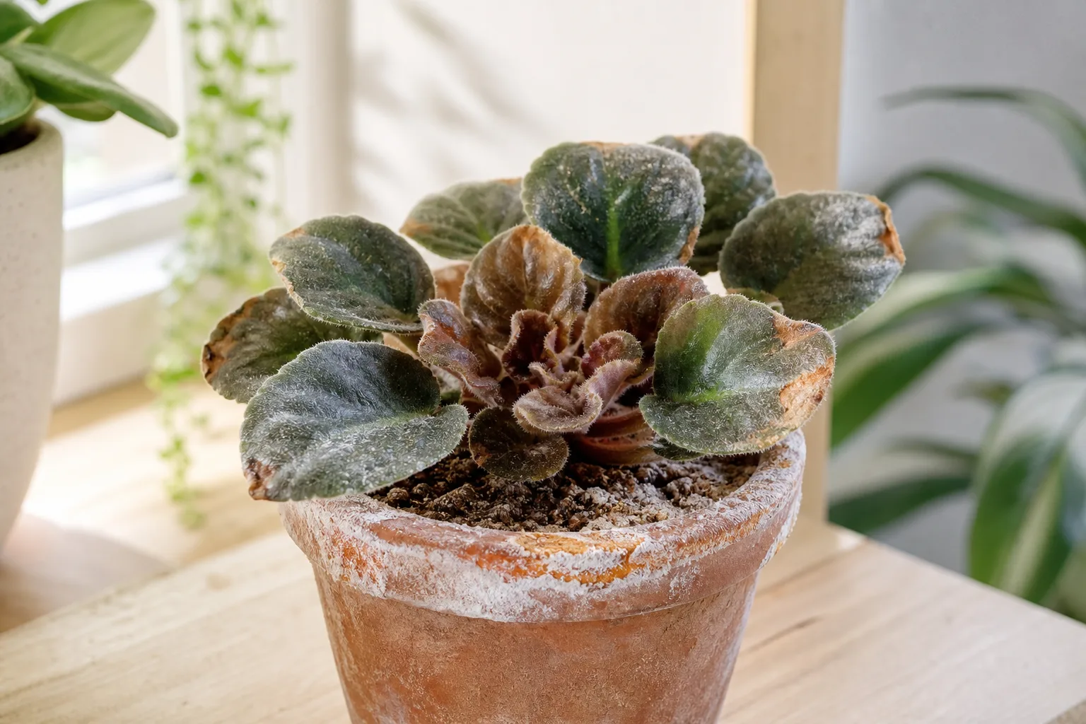 Overfertilization on African Violet - tight rusty center and salt crust on the pot rim