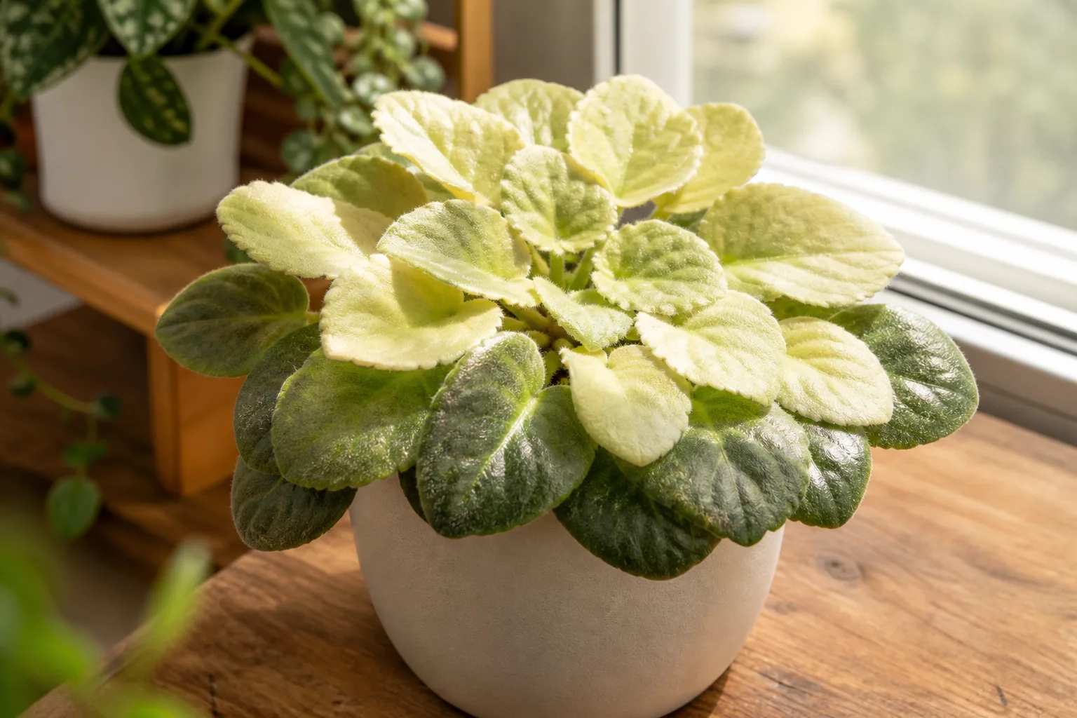 Pale leaves on African Violet - washed-out bleached upper foliage from excess light