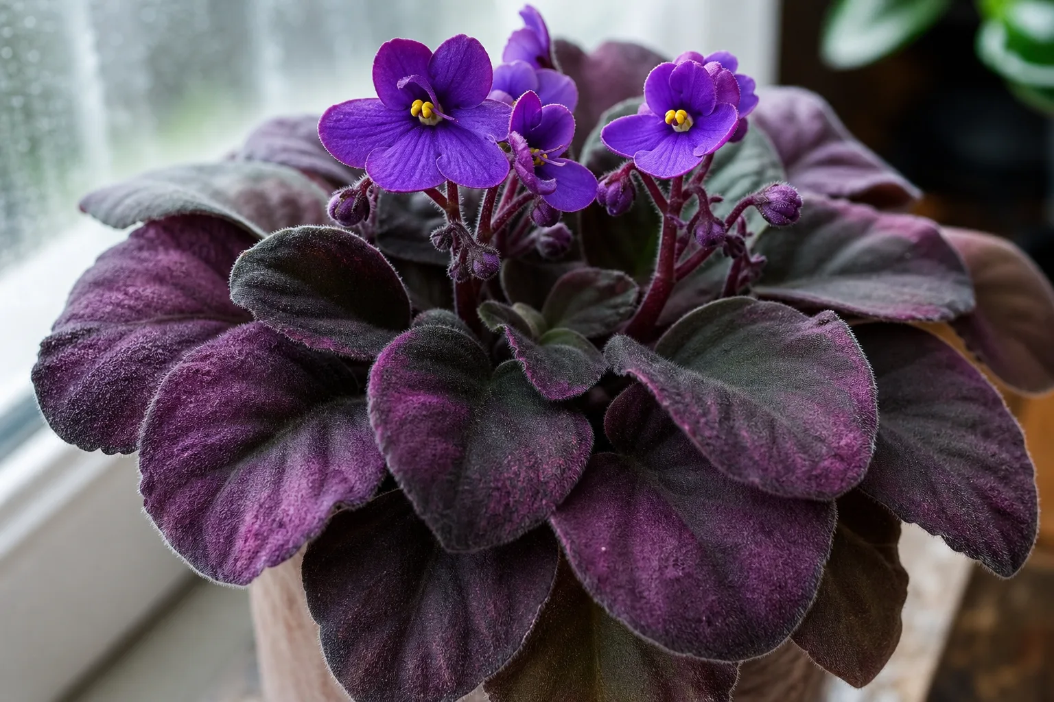 Purple Leaves on African Violet - visible symptom on the plant