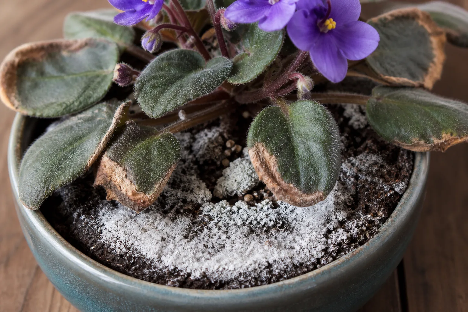 Salt Build-up on African Violet - visible symptom on the plant