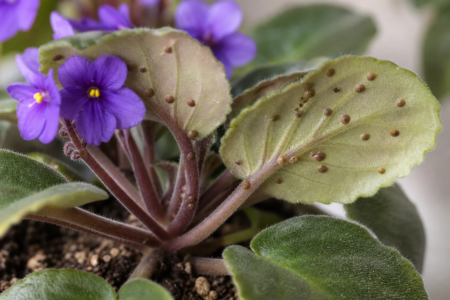 Scale Insects on African Violet - visible symptom on the plant