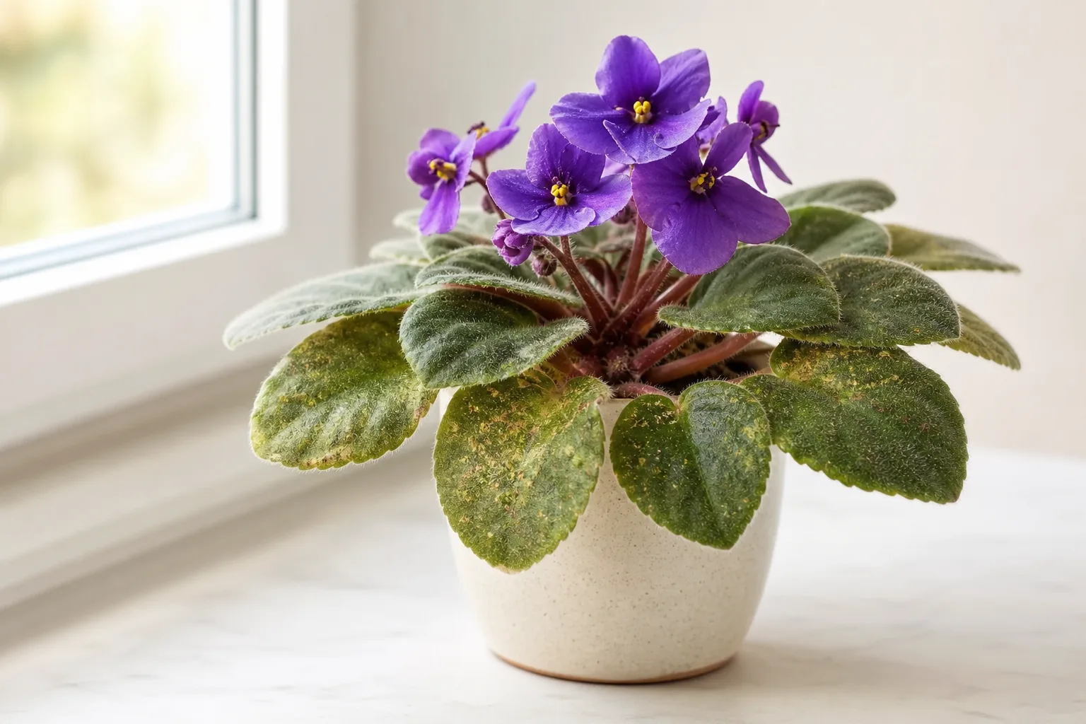 Spider mites on African Violet - stippled bronzed leaves and fine bronze webbing on a velvety rosette