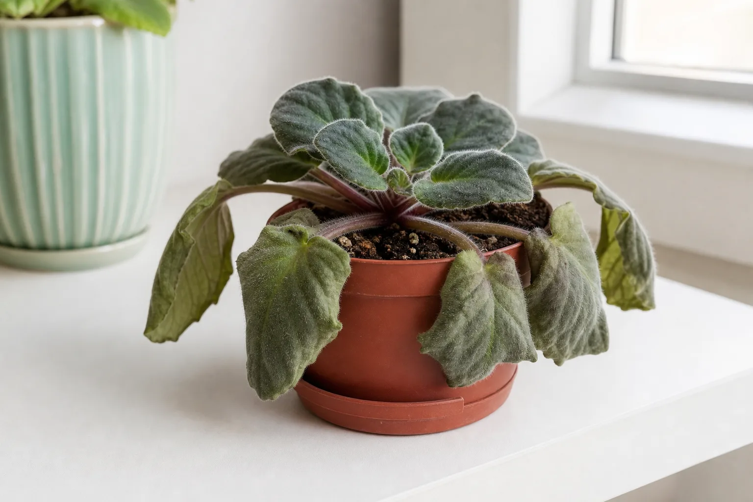 Transplant shock on African Violet - limp outer leaves after repotting with a firm rosette center