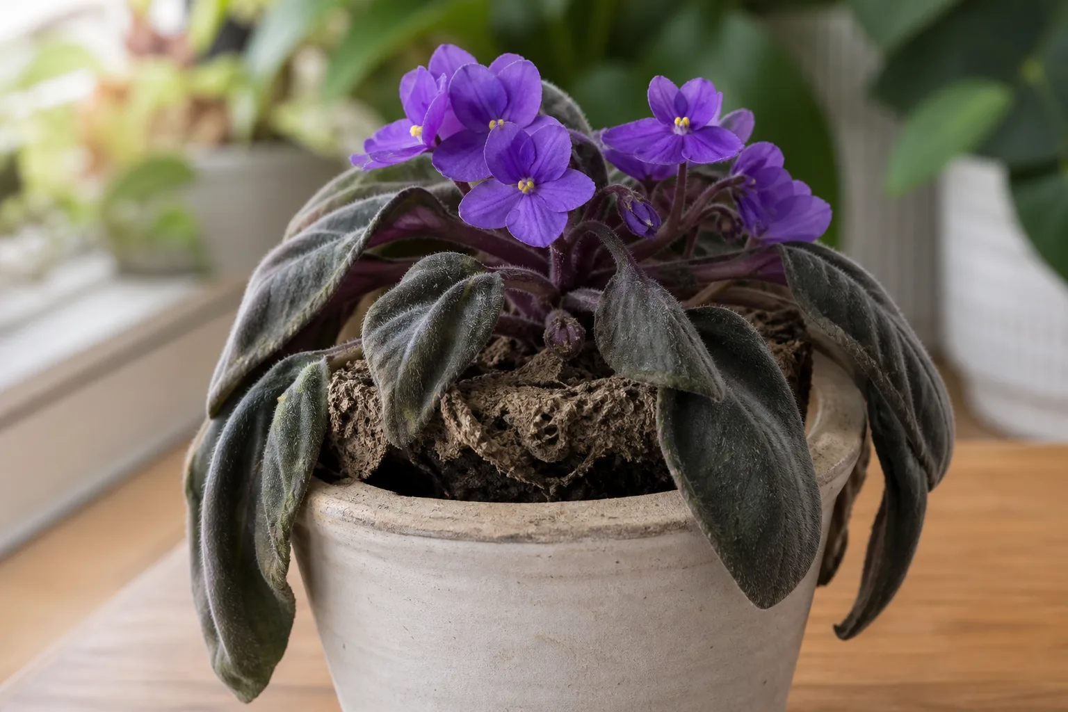 Underwatering on African Violet - visible symptom on the plant