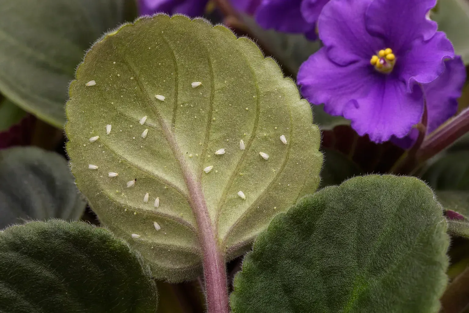Whiteflies on African Violet - visible symptom on the plant