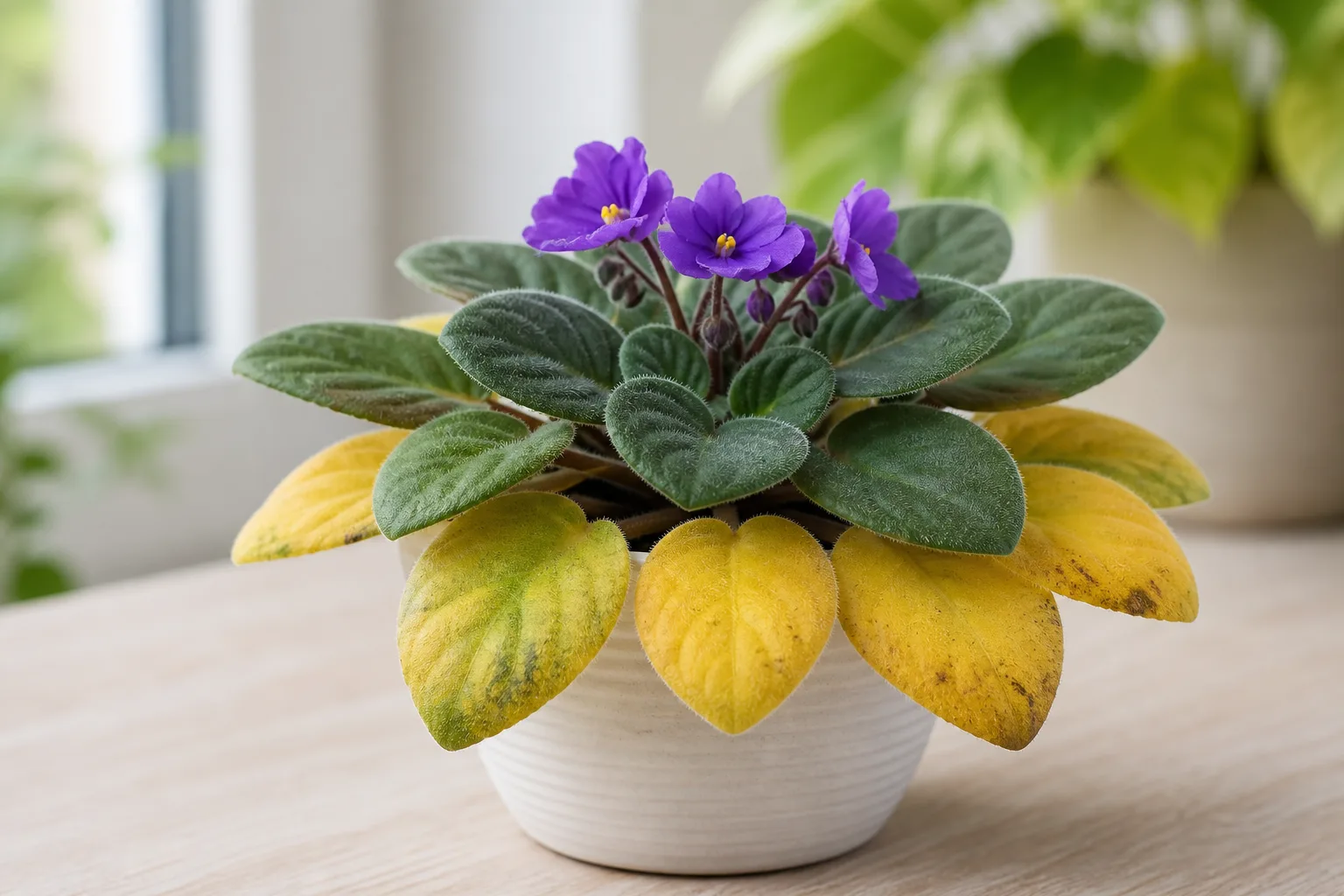 Yellow leaves on African Violet - yellowing lower row with green center growth