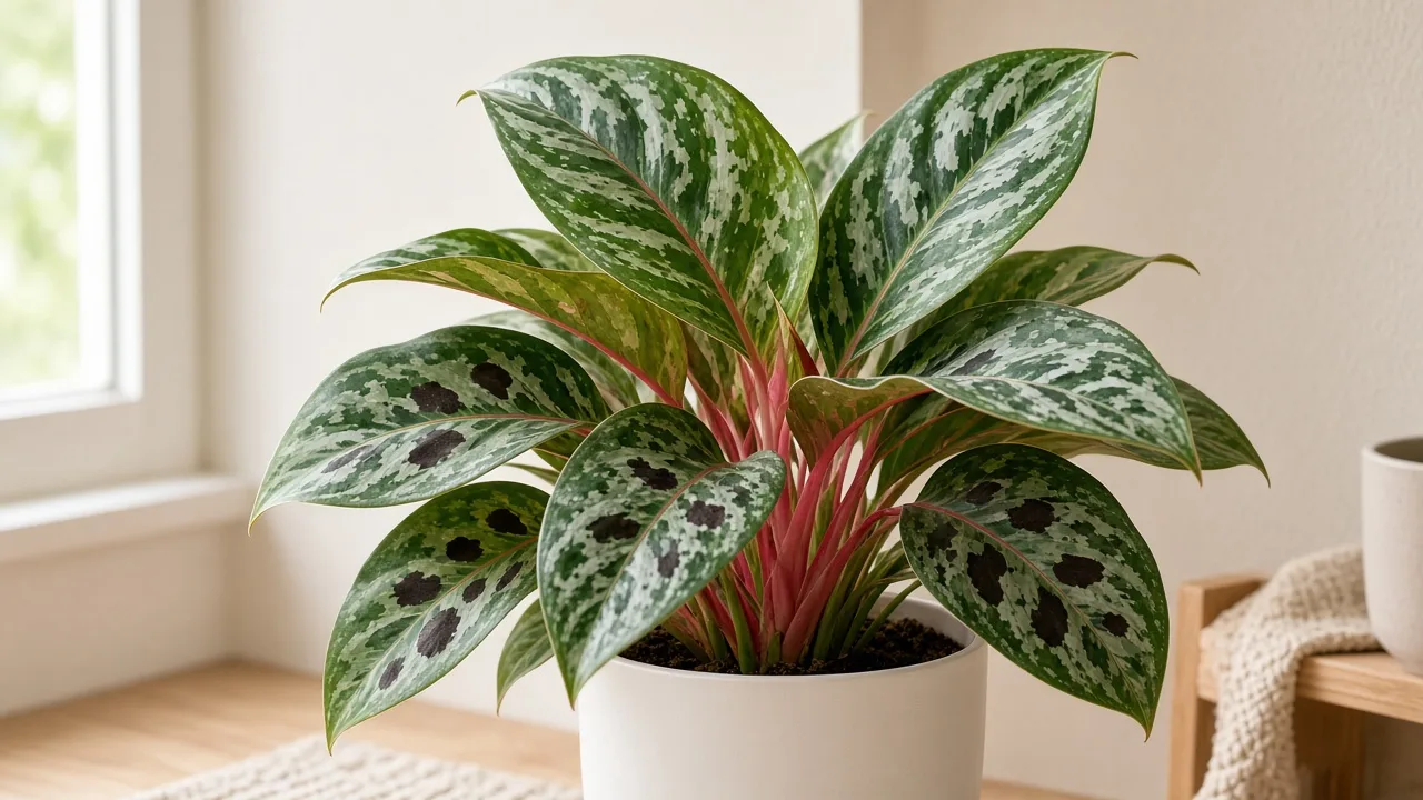 Black Spots on Aglaonema - dark leaf spots on variegated Chinese evergreen foliage