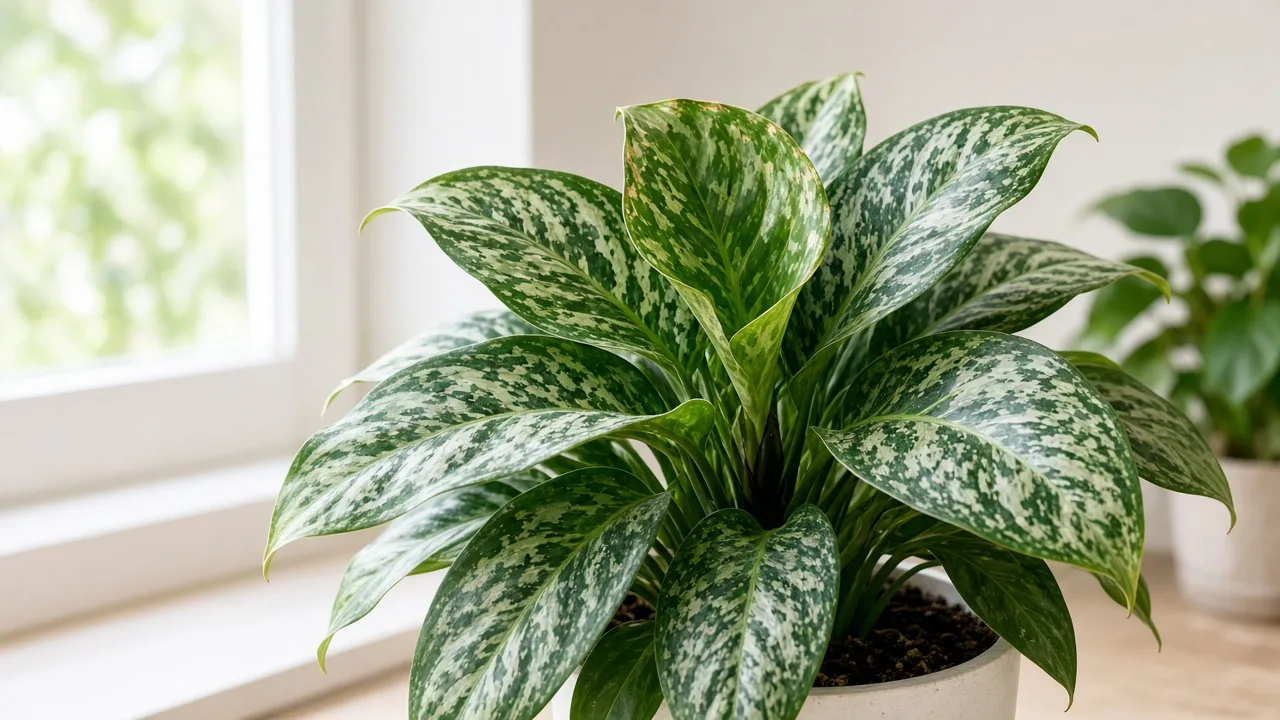 Calcium deficiency on Aglaonema - cupped new crown leaf on Chinese evergreen clump