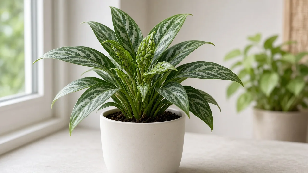 Aphids on Aglaonema Cutlass - soft insect clusters on new crown lance leaves