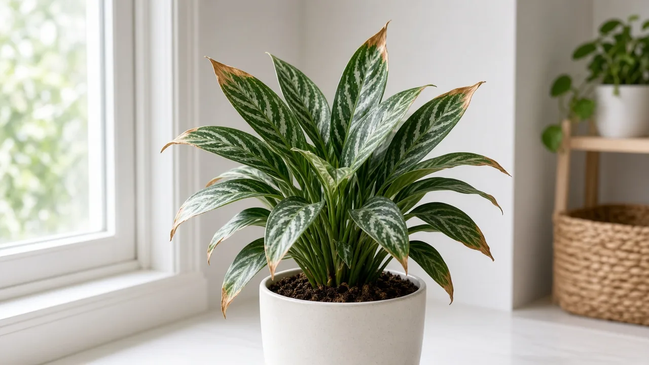 Brown Tips on Aglaonema Cutlass - dry crispy tips on narrow lance leaves with silver veining