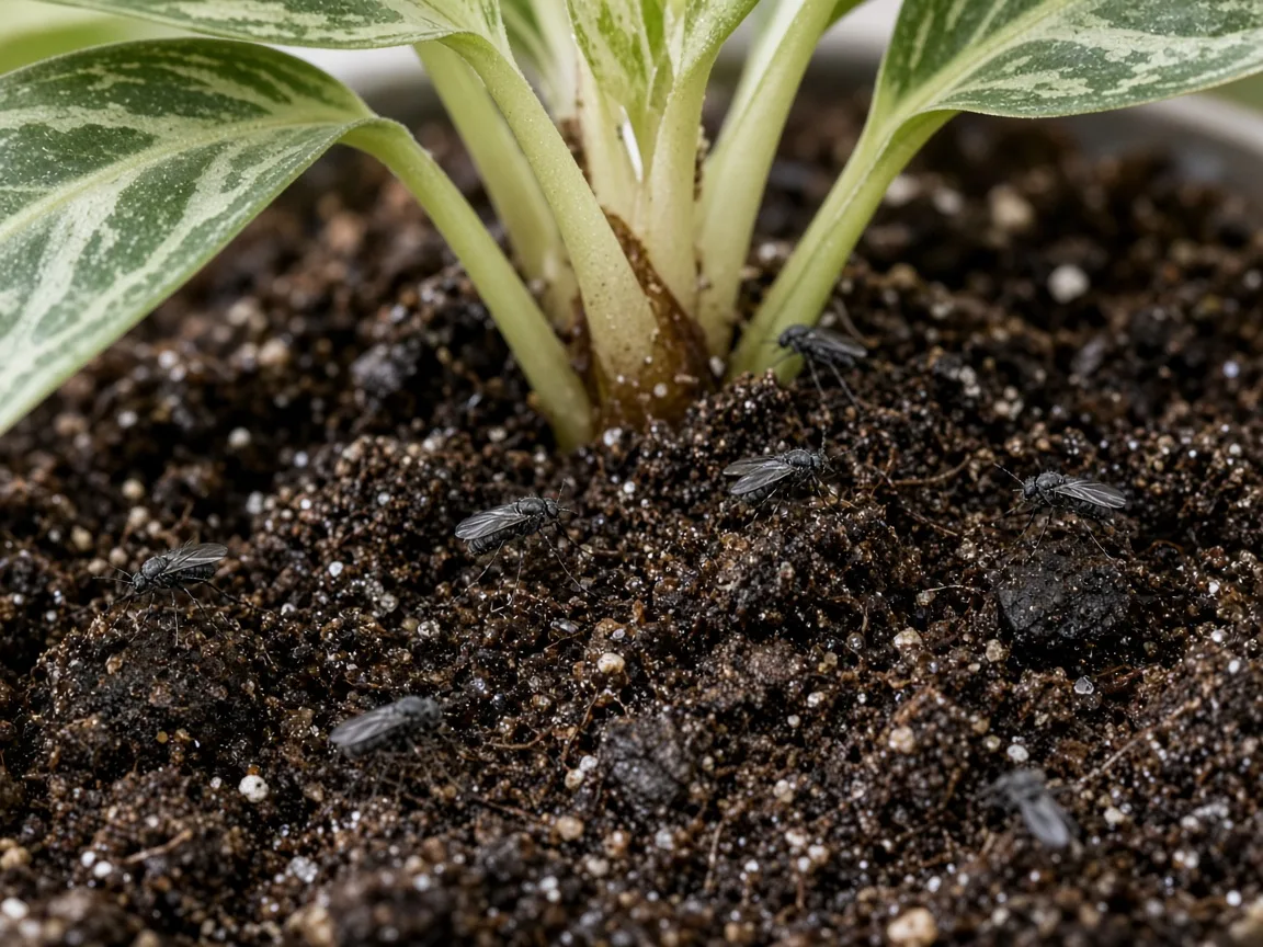 Close-up of fungus gnats on damp potting mix at the base of Aglaonema Cutlass narrow leaves