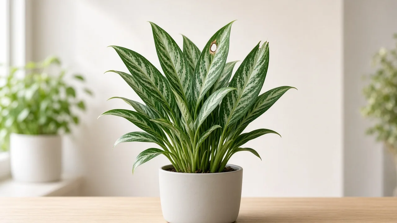 Holes in Leaves on Aglaonema Cutlass - torn narrow lance foliage with brown-rim holes
