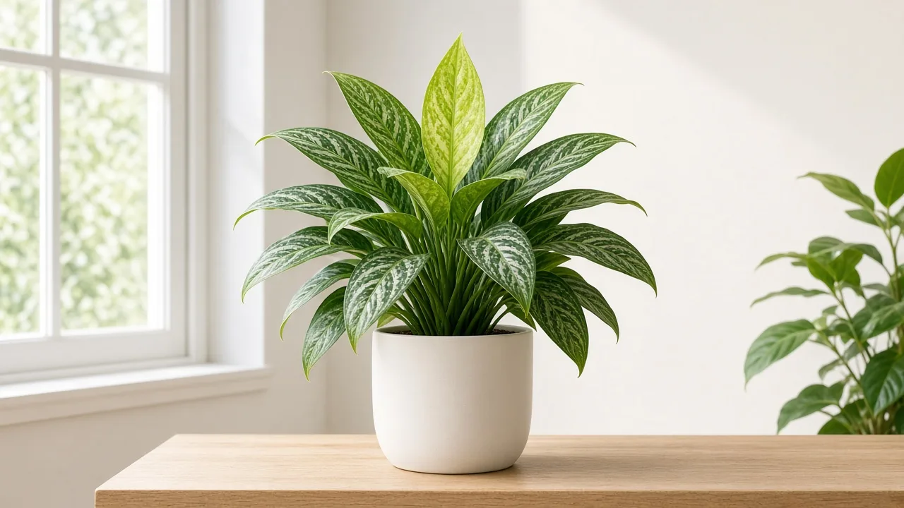 Iron deficiency on Aglaonema Cutlass - pale new lance leaf with green veins at the crown flush