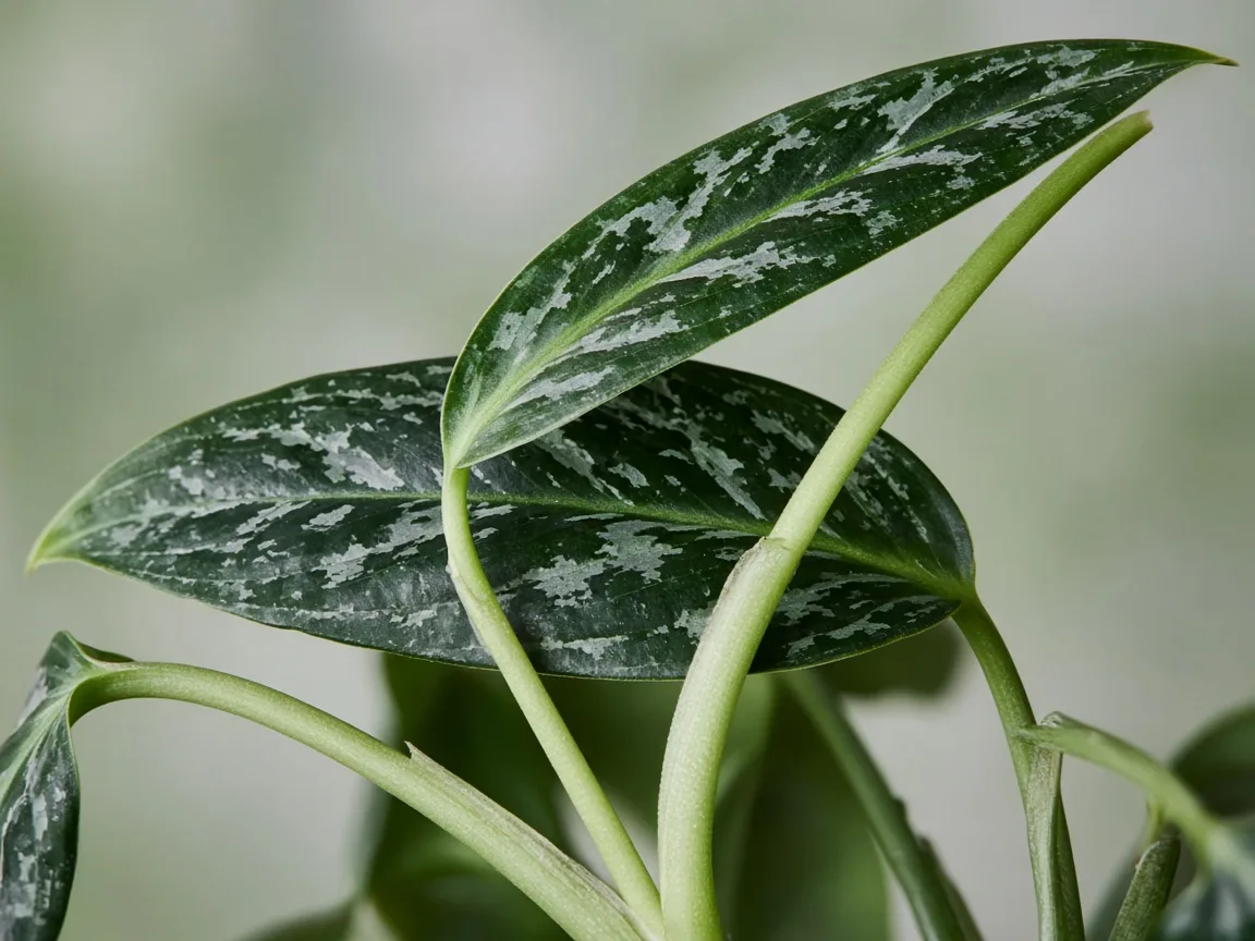 Close-up of leggy growth on Aglaonema Cutlass - elongated petioles with wide gaps between narrow silver-veined lance leaves