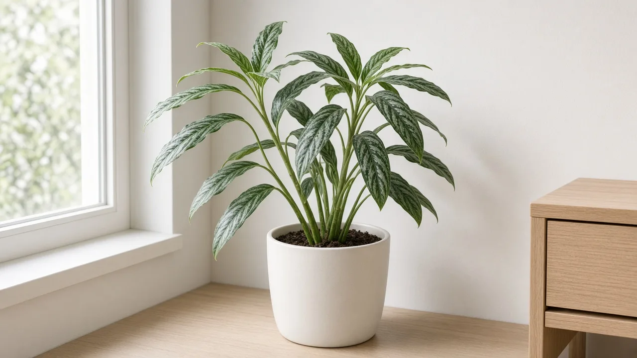 Leggy growth on Aglaonema Cutlass - tall ribbon clump leaning toward window with long bare petioles between narrow lance leaves