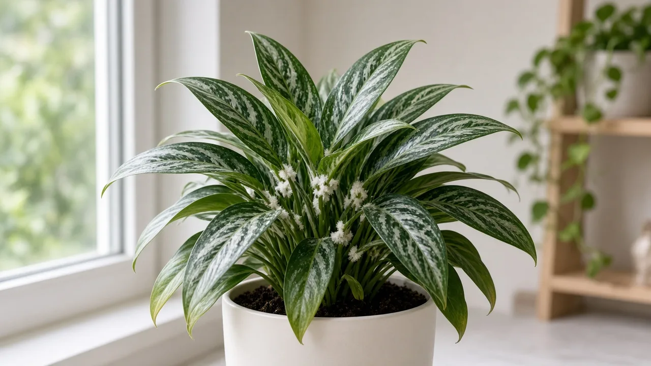 Mealybugs on Aglaonema Cutlass - white cottony clusters in crown axils on narrow lance leaves