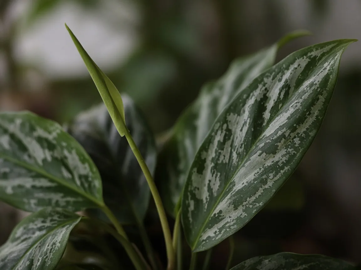 Close-up of small faded lance leaves on elongated petioles with weak silver veining on Aglaonema Cutlass