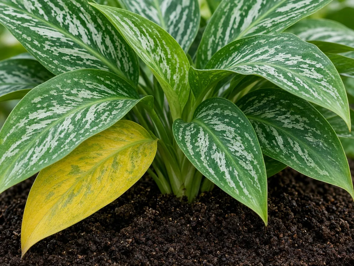 Close-up of yellow lower ribbon leaves and damp dark soil at the base of Aglaonema Cutlass