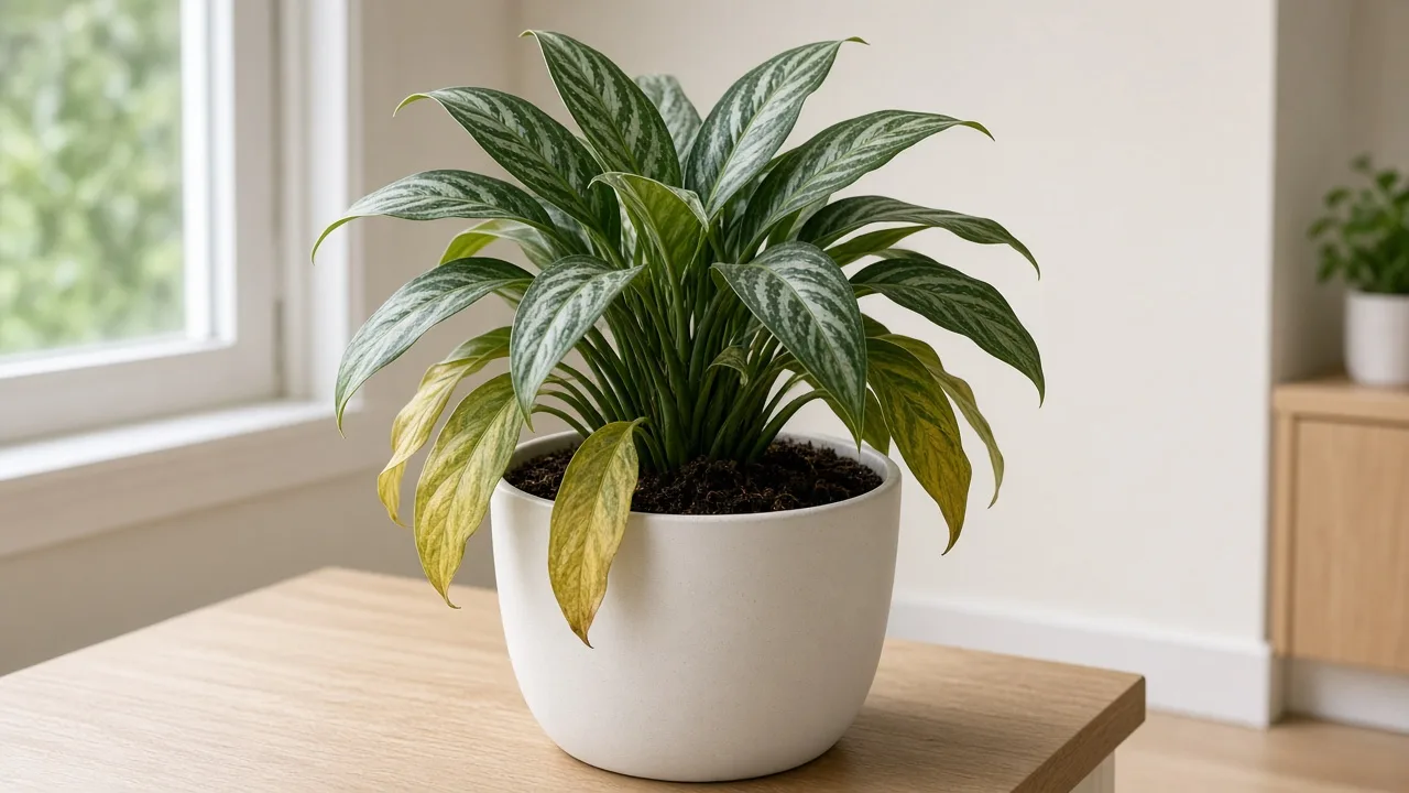 Root rot on Aglaonema Cutlass — yellowing lower ribbon leaves on a heavy wet pot in low light