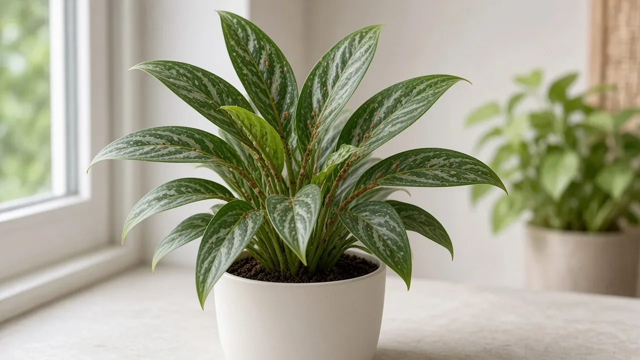 Scale insects on Aglaonema Cutlass - tan bumps on narrow lance leaf petiole bases
