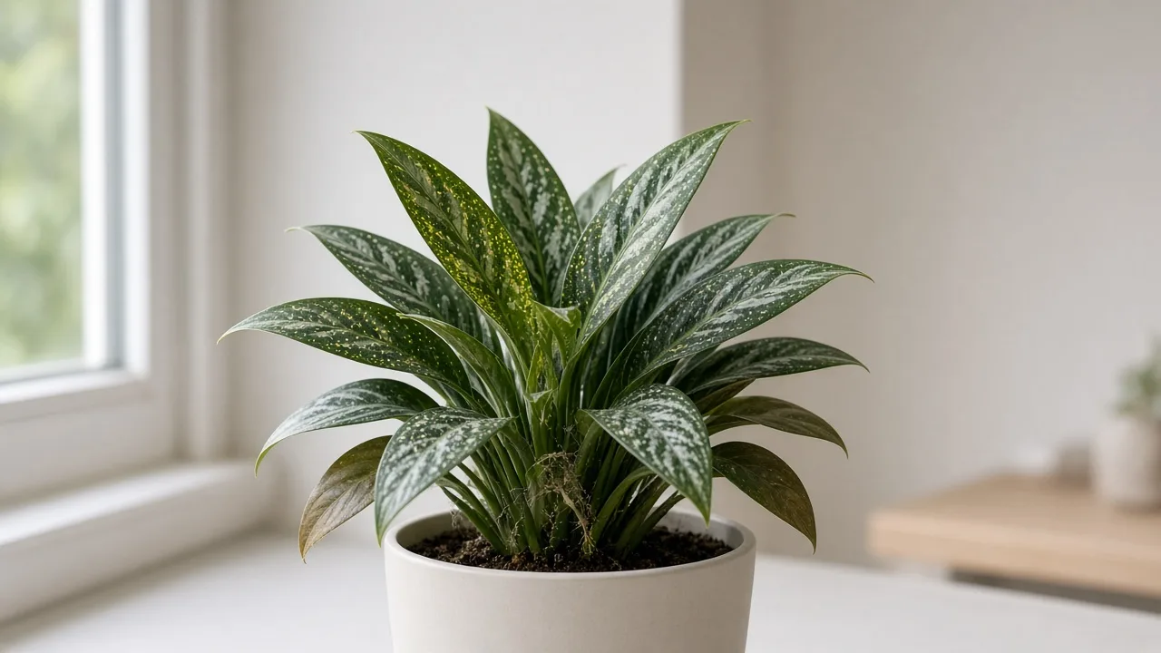 Spider mites on Aglaonema Cutlass - stippling on narrow silver-veined lance leaves in an upright clump