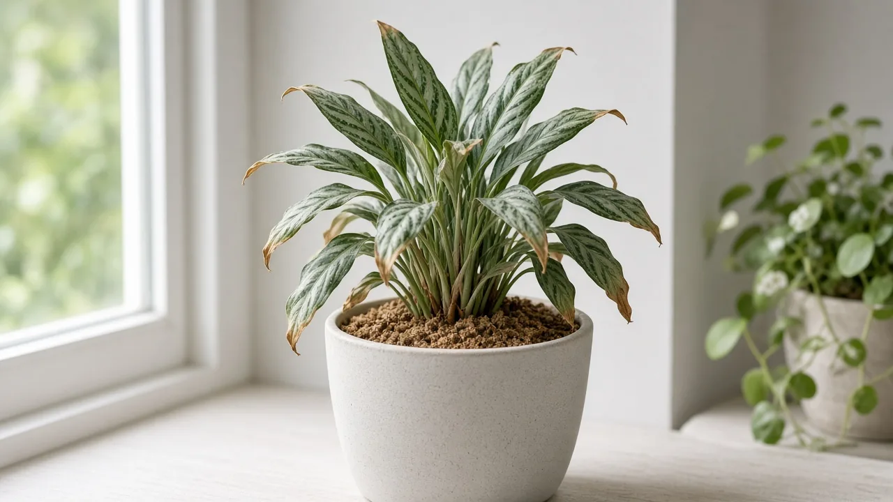 Underwatering on Aglaonema Cutlass - curled firm ribbon leaves with crisp brown tips on a light dry pot with pale crumbly mix