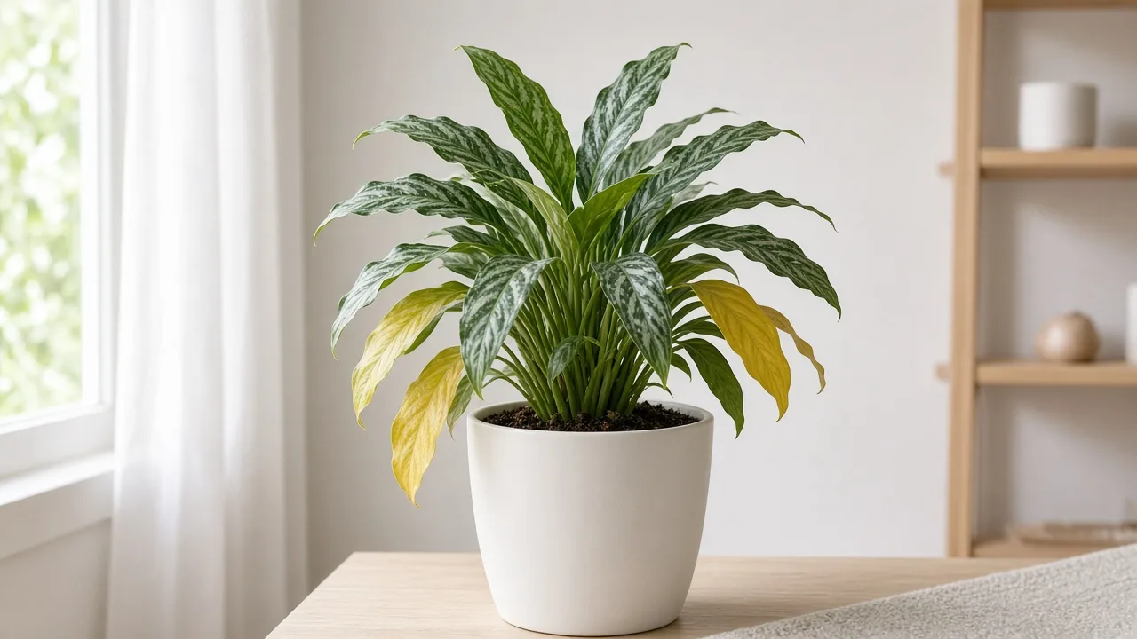 Yellow leaves on Aglaonema Cutlass - yellow lower ribbon lance leaves on a compact Chinese evergreen in low indoor light