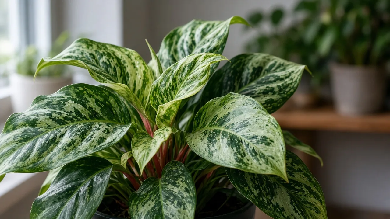 Distorted Leaves on Aglaonema - visible symptom on variegated Chinese evergreen foliage
